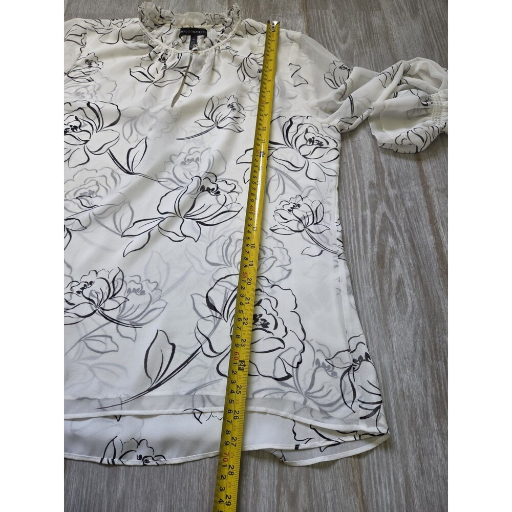 White House Black Market Floral Ruffle Neck Blouse Ivory Black Long Sleeve Sz 14 - Picture 8 of 9